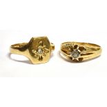 TWO GENT'S DIAMOND SET 9CT GOLD SIGNET RINGS comprising a gypsy set ring with small illusion set old