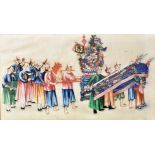 A GROUP OF TEN ORIENTAL GOUACHES ON RICE PAPER each depicting scenes of a procession of figures,