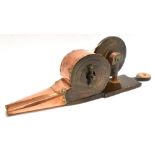 A COPPER AND WOOD MECHANICAL BELLOWS the fans operated by hand cranked wheel, 59cm long overall
