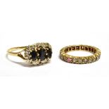 TWO 9CT GOLD STONE SET DRESS RINGS comprising a sapphire and small diamond oval cluster (note two