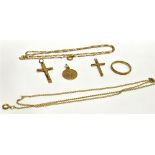 SIX SMALL ITEMS OF 9CT GOLD JEWELLERY Comprising crucifix and small cross pendants, a small Saint