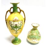 A CAMPANA SHAPED ROYAL CROWN DERBY VASE decorated with roses and a thistle on a green and yellow