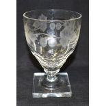 A 19TH CENTURY ALE GLASS the facet cut bowl engraved with hops, barley and vine leaves, on square