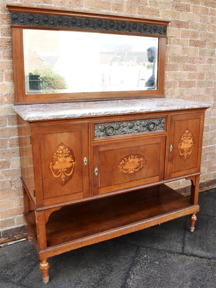 AN UNUSUAL EDWARDIAN MARBLE TOP MIRROR BACK SIDEBOARD with floral embossed metal frieze and matching