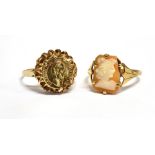 TWO 9CT GOLD DRESS RINGS comprising a cameo set, ring size N, and a medallion set, ring size P,