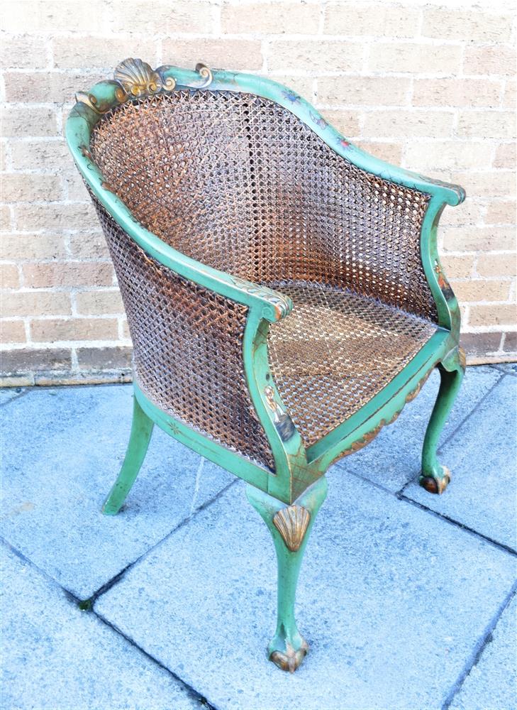 A BERGERE ARMCHAIR with double caned back, the carved frame with green lacquered Chinoiserie - Image 2 of 8