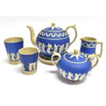 A COLLECTION OF COPELAND SPODE JASPERWARE sprigged decoration of dancing maidens on a blue ground,