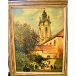 20TH CENTURY EUROPEAN SCHOOL Group of figures walking towards a church oil on canvas signed lower
