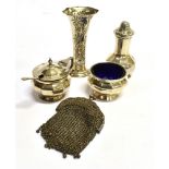 A MAPPIN & WEBB SMALL THREE PIECE CONDIMENT SET comprising mustard salt and pepperette, hallmarks