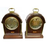 A VICTORIAN MAHOGANY CASED CLOCK AND MATCHING BAROMETER/THERMOMETER each with brass carrying handles