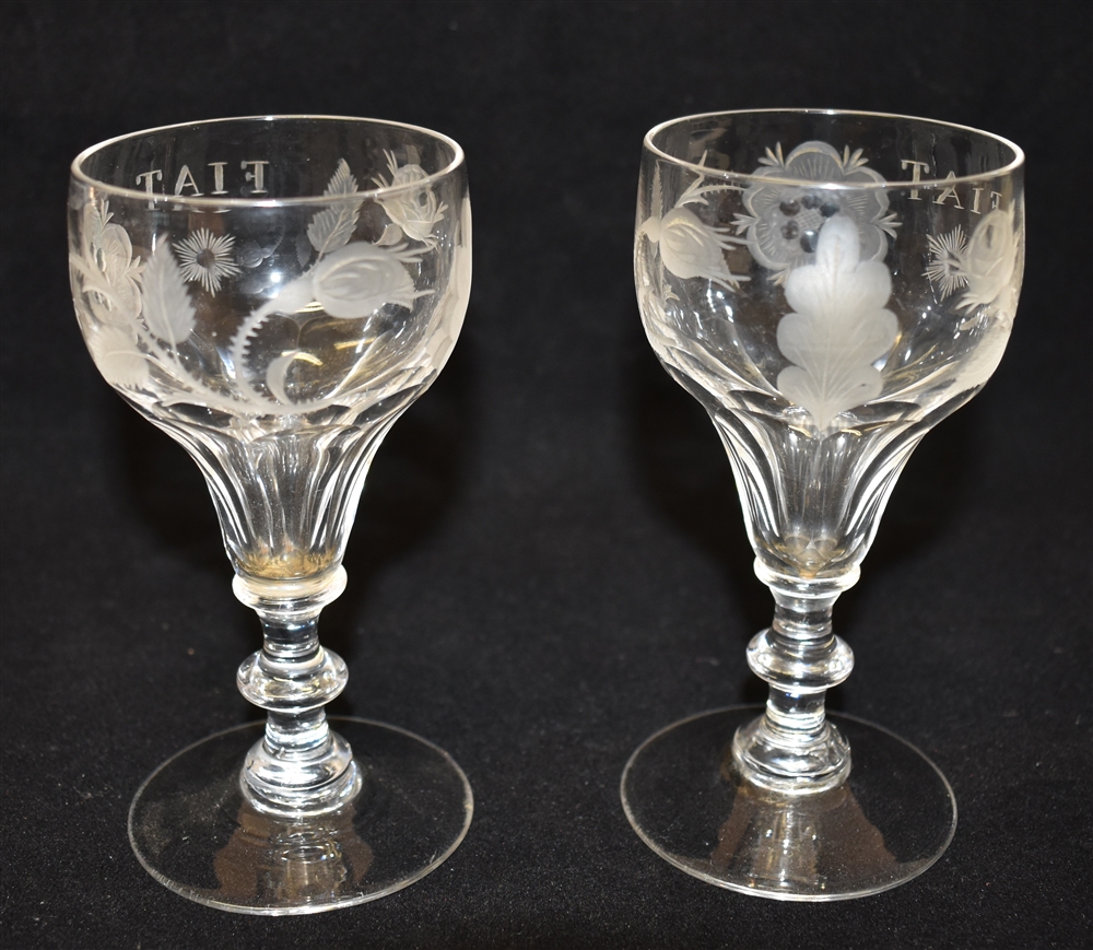 A PAIR OF JACOBITE STYLE GLASSES each engraved with six-petalled rose, closed and open rose buds, an - Image 3 of 3