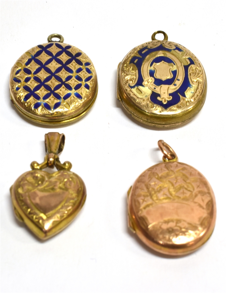 FOUR SMALL ASSORTED LOCKETS comprising oval 9ct gold back and front examples and one small yellow