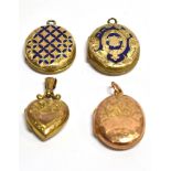 FOUR SMALL ASSORTED LOCKETS comprising oval 9ct gold back and front examples and one small yellow