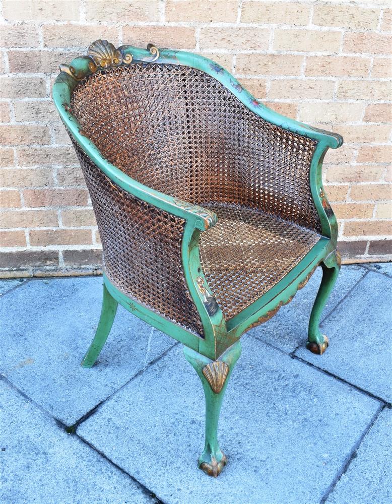 A BERGERE ARMCHAIR with double caned back, the carved frame with green lacquered Chinoiserie - Image 4 of 8