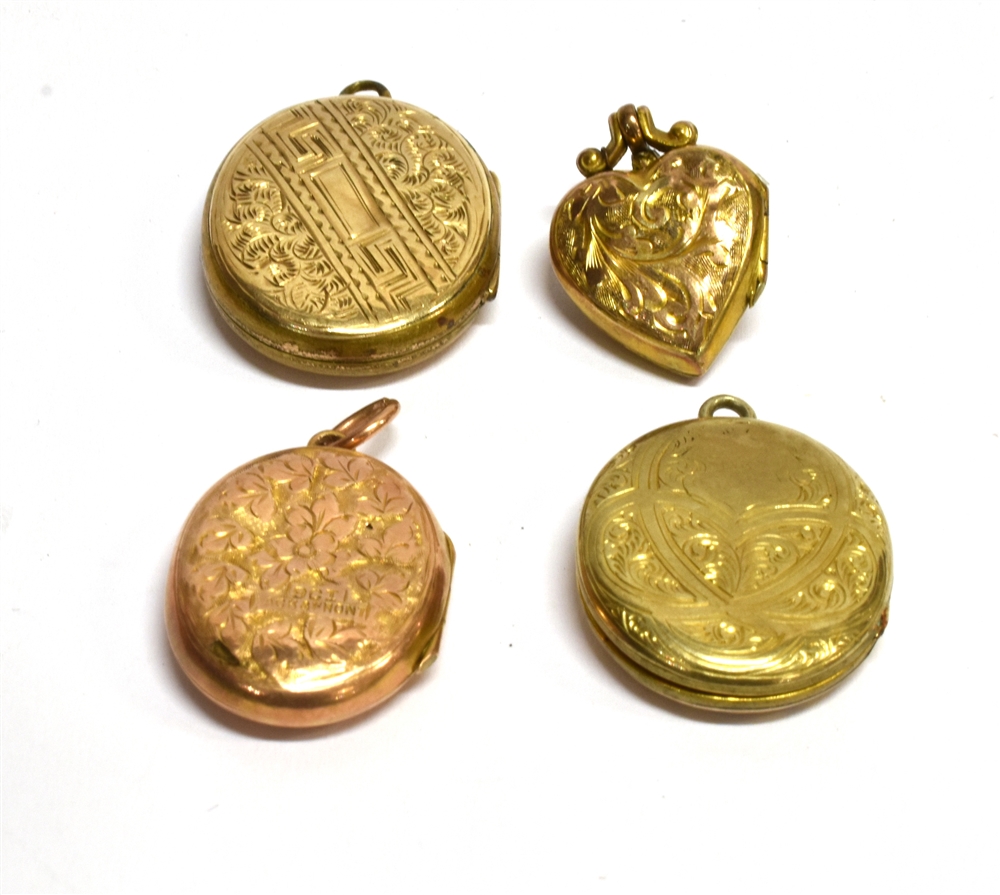FOUR SMALL ASSORTED LOCKETS comprising oval 9ct gold back and front examples and one small yellow - Image 2 of 3