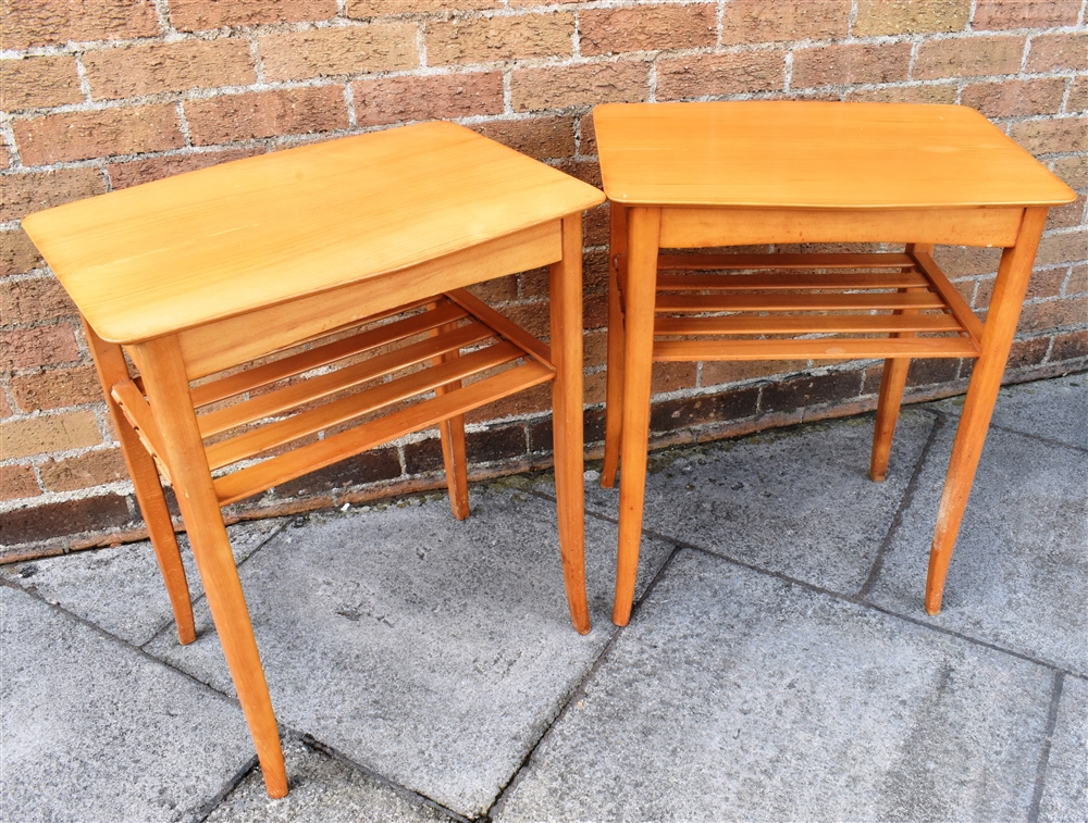 A PAIR OF SATINWOOD AND BEECH OCCASIONAL TABLES with undertier, 57cm x 42cm, 69cm high