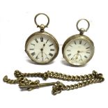 TWO SILVER OPEN FACED POCKET WATCHES AND A SILVER ALBERT CHAIN the pocket watches both key wind, one