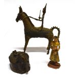A BENIN STYLE CAST METAL FIGURE OF A HORSE AND RIDER 16cm high; an inkwell modelled as an
