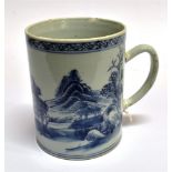 A CHINESE EXPORT PORCELAIN TANKARD with underglaze blue painted decoration of a landscape scene,
