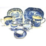 A GROUP OF SPODE TRANSFER PRINTED CERAMICS comprising a three handled tyg 14cm high, small meat dish