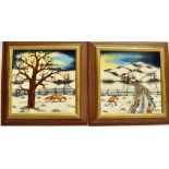 A PAIR OF MOORCROFT POTTERY TILES decorated in the 'Woodside Farm' pattern, each decorated with a