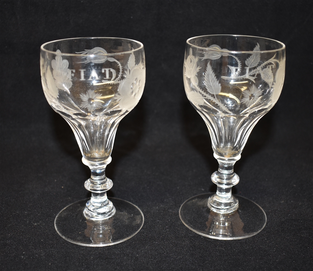 A PAIR OF JACOBITE STYLE GLASSES each engraved with six-petalled rose, closed and open rose buds, an