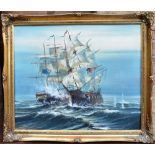 20TH CENTURY SCHOOL Naval Battle between American and British Ships Oil on canvas Signed 'P Davis'