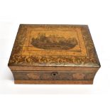 A VICTORIAN TUNBRIDGE WARE BOX the slightly domed lid decorated with a scene of Eton College from
