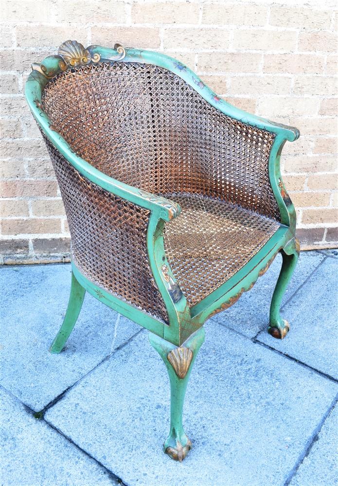 A BERGERE ARMCHAIR with double caned back, the carved frame with green lacquered Chinoiserie - Image 3 of 8