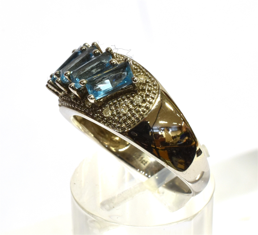 A BLUE TOPAZ FIVE STONE SET 9CT WHITE GOLD RING with small round brilliant cut pavé set diamonds, - Image 3 of 3