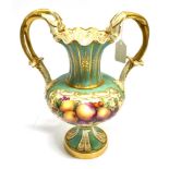 A COPELAND & GARRETT TWIN HANDLED VASE with floral decoration and gilding on a turquoise ground,