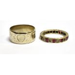 TWO 9CT WHITE GOLD RINGS comprising a patterned wedding band, heart and scroll decoration, 9mm wide,