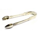 A PAIR OF WILLIAM IV SILVER SUGAR TONGS plain fiddle pattern design, hallmarked 1837, B date later