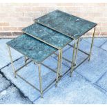 A NEST OF THREE BRASS FRAMED FAUX MARBLE TOP OCCASIONAL TABLES the largest table 58cm wide 40cm deep