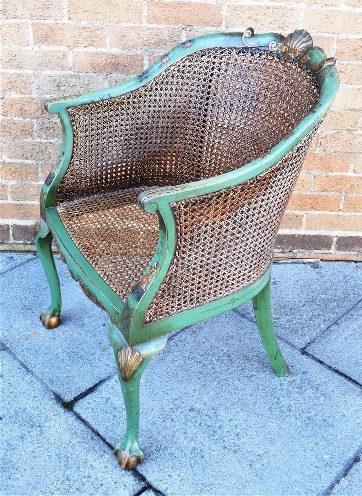 A BERGERE ARMCHAIR with double caned back, the carved frame with green lacquered Chinoiserie - Image 5 of 8