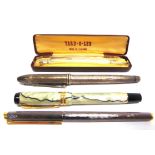 THREE FOUNTAIN PENS comprising a Dunhill, the nib marked 'dunhill / 14K / 585', unboxed; Parker
