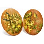 A PAIR OF PAINTED OVAL PANELS decorated with birds amongst fruiting foliage, 46cm x 35cm