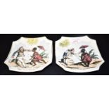 A PAIR OF SMALL CONTINENTAL SQUARE SHAPED DISHES printed with humourous scenes, stamped '