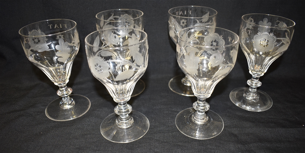 A SET OF SIX JACOBITE STYLE GLASSES each engraved with six-petalled rose, closed and open rose buds,