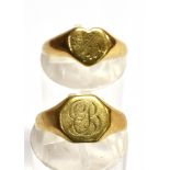TWO 9CT GOLD SIGNET RINGS one cushion shaped, the other heart shaped, both with engraved initials,