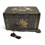 A VICTORIAN TWIN COMPARTMENT PAPIER MACHE TEA CADDY with painted and mother-of-pearl inlaid