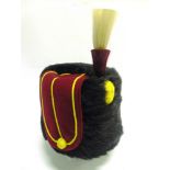 A KING'S ROYAL HUSSARS BLACK FUR BUSBY Eliz. II modern era, with a maroon bag, yellow cords and faux