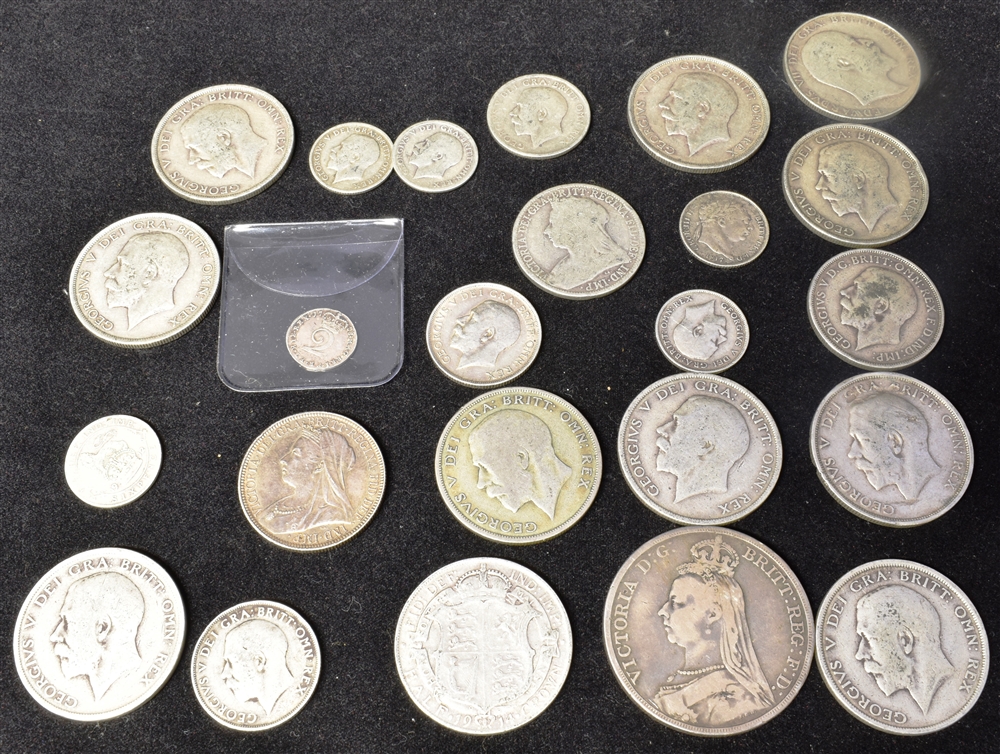 GREAT BRITAIN - ASSORTED SILVER COINS including a George II twopence, 1735; and Victoria crown,