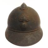 A GREAT WAR FRENCH M15 ADRIAN HELMET the shell with standard 'RF' badge and ventilated comb, leather