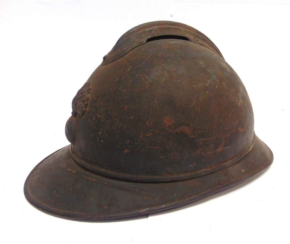 A GREAT WAR FRENCH M15 ADRIAN HELMET the shell with standard 'RF' badge and ventilated comb, leather - Image 2 of 3