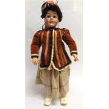 A LANTERNIER & CIE BISQUE SOCKET HEAD DOLL with fixed brown glass paperweight eyes, pierced ears and