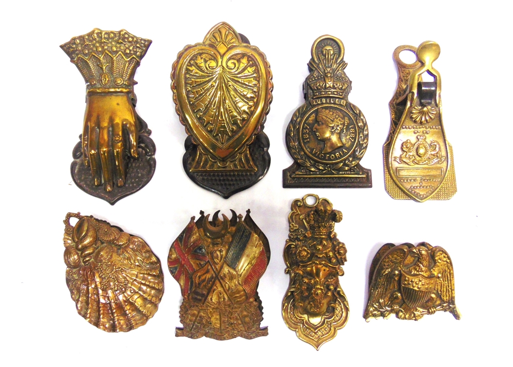 EIGHT BRASS LETTER CLIPS including those of Crimea War and Queen Victoria 1887 Jubilee interest, the