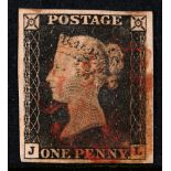 STAMPS - GREAT BRITAIN A QV 1d. black, JL, with four margins, and a red Maltese cross cancellation.