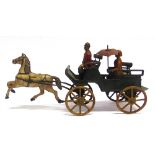 A GREPPERT & KELCH TINPLATE HORSE-DRAWN CARRIAGE green with yellow spoked wheels, pulled by a