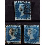 STAMPS - GREAT BRITAIN Three QV 2d. blues, the first LA, with three margins; the second AB, with two